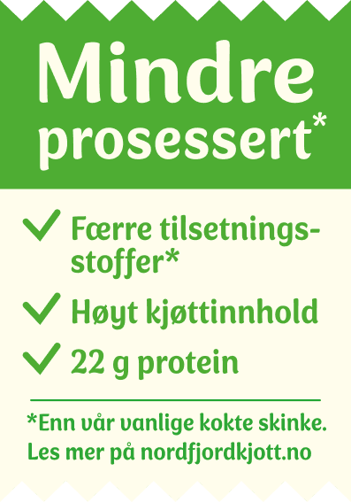 Mindre prosessert — færre tilsetningsstoffer, høyt kjøttinnhold, 22 g protein