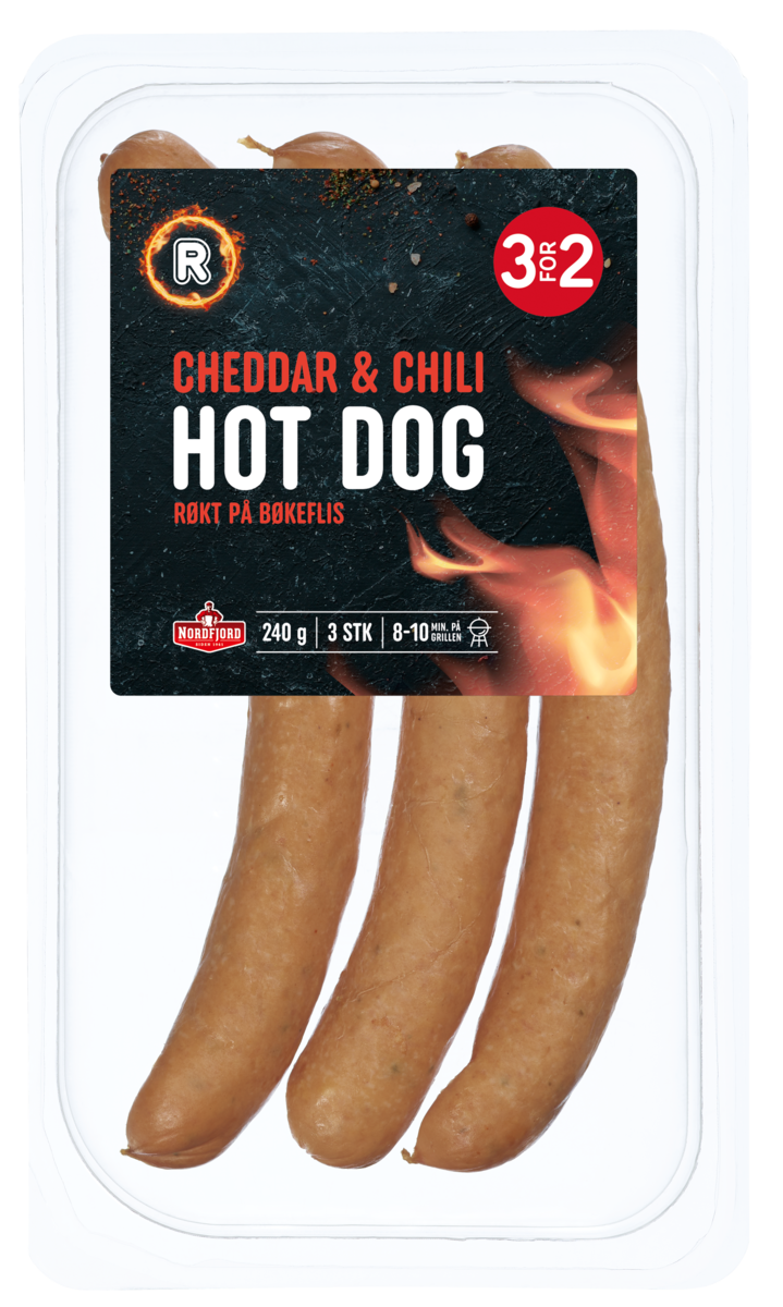 Hot Dog med chili og cheddar